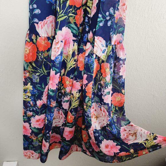 Eliza J Floral Maxi Dress 0 | Navy Multi Surplice Long Sleeve Elegant Gown - Picture 11 of 15